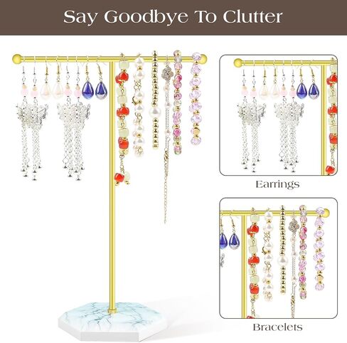 Jewelry Organizer Tower, T-bar Necklace Holder, Metal Jewelry Organizer for Bracelets, Necklaces, Earrings, Rings and Watches (golden+white) in Saudi Arabia