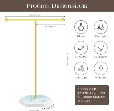 Jewelry Organizer Tower, T-bar Necklace Holder, Metal Jewelry Organizer for Bracelets, Necklaces, Earrings, Rings and Watches (golden+white) in Saudi Arabia