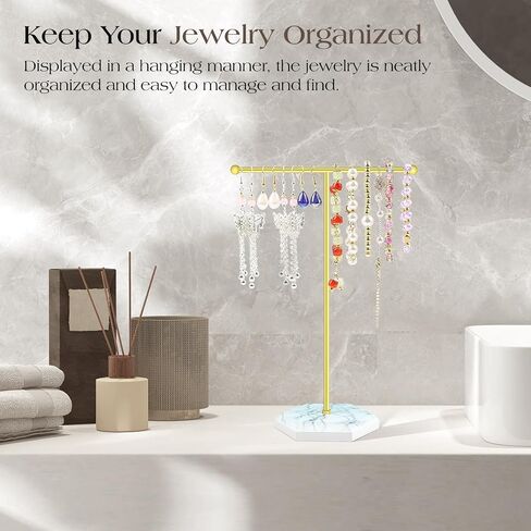 Jewelry Organizer Tower, T-bar Necklace Holder, Metal Jewelry Organizer for Bracelets, Necklaces, Earrings, Rings and Watches (golden+white) in Saudi Arabia