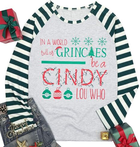 MNLYBABY Be A Cindy Lou Who تي شيرت تي شيرت عيد الميلاد راجلان كم طويل بلايز الربط البيسبول تي شيرت للنساء in Saudi Arabia