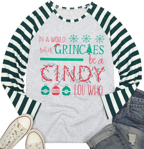 MNLYBABY Be A Cindy Lou Who تي شيرت تي شيرت عيد الميلاد راجلان كم طويل بلايز الربط البيسبول تي شيرت للنساء in Saudi Arabia