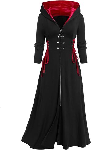Rosegal Women Plus Size Goth Longline Coat Hooded Lace-up Front Zipper Maxi Coat Punk Rivet Overcoat Outwear in Saudi Arabia