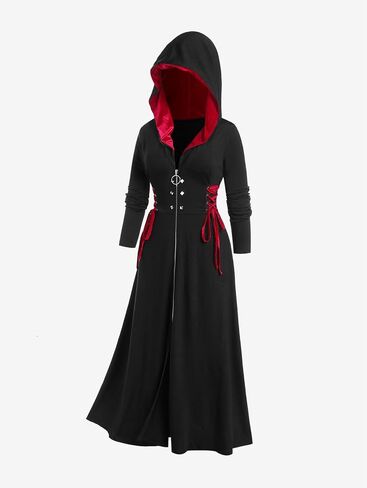 Rosegal Women Plus Size Goth Longline Coat Hooded Lace-up Front Zipper Maxi Coat Punk Rivet Overcoat Outwear in Saudi Arabia