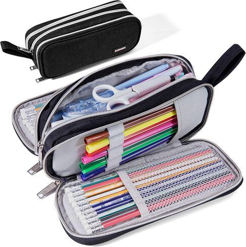Pencil Case with 3 Compartments, Canvas Zipper Pencil Pouch, Large Pencil bag, Big Pen Case Pouch Organizer for Adults, Pencil Pouches for Middle High School Teen Boys Girls - Black in Saudi Arabia