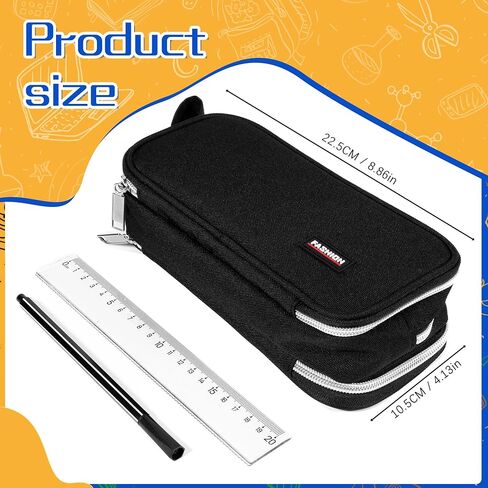 Pencil Case with 3 Compartments, Canvas Zipper Pencil Pouch, Large Pencil bag, Big Pen Case Pouch Organizer for Adults, Pencil Pouches for Middle High School Teen Boys Girls - Black in Saudi Arabia