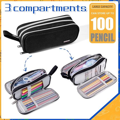 Pencil Case with 3 Compartments, Canvas Zipper Pencil Pouch, Large Pencil bag, Big Pen Case Pouch Organizer for Adults, Pencil Pouches for Middle High School Teen Boys Girls - Black in Saudi Arabia