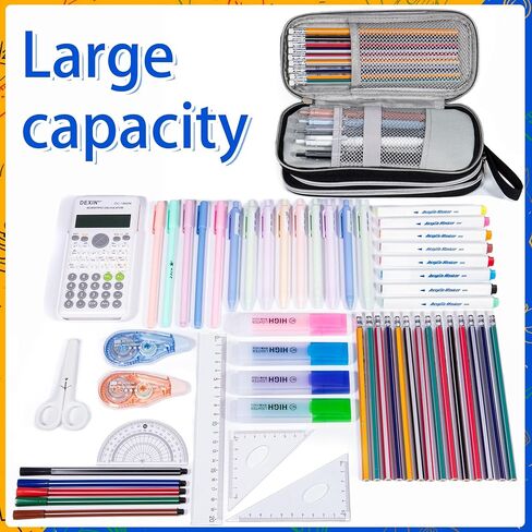 Pencil Case with 3 Compartments, Canvas Zipper Pencil Pouch, Large Pencil bag, Big Pen Case Pouch Organizer for Adults, Pencil Pouches for Middle High School Teen Boys Girls - Black in Saudi Arabia