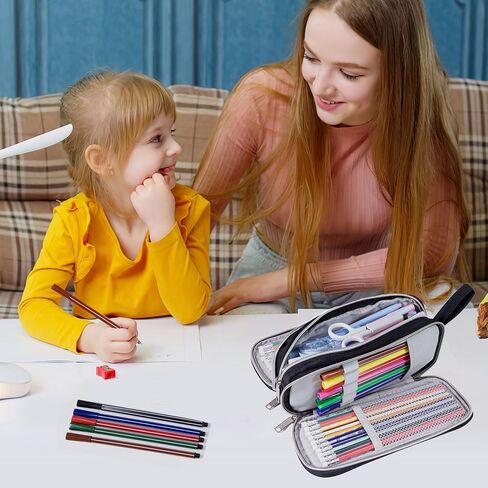 Pencil Case with 3 Compartments, Canvas Zipper Pencil Pouch, Large Pencil bag, Big Pen Case Pouch Organizer for Adults, Pencil Pouches for Middle High School Teen Boys Girls - Black in Saudi Arabia