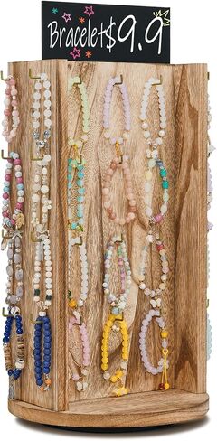 Pinzoveco Bracelet Holder, Rotating Bracelet Display 40 Hooks for Bracelets & Keychains, Large Capacity Wooden Jewerly Display Stand for Vendors (Brown) in Saudi Arabia