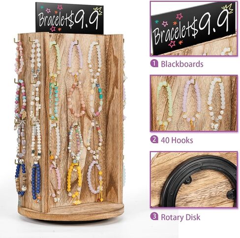 Pinzoveco Bracelet Holder, Rotating Bracelet Display 40 Hooks for Bracelets & Keychains, Large Capacity Wooden Jewerly Display Stand for Vendors (Brown) in Saudi Arabia