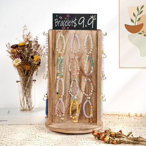 Pinzoveco Bracelet Holder, Rotating Bracelet Display 40 Hooks for Bracelets & Keychains, Large Capacity Wooden Jewerly Display Stand for Vendors (Brown) in Saudi Arabia