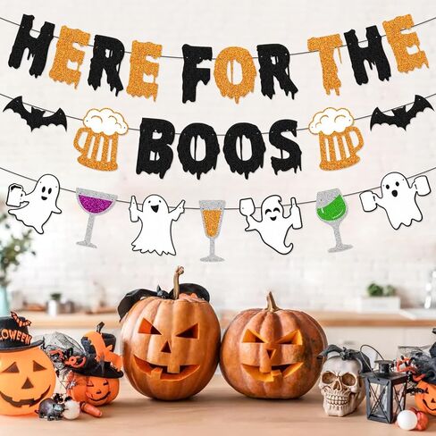 هنا من أجل لافتة Boos ديكورات حفلات الهالوين، خفافيش شبح الهالوين، موضوع مخيف، ديكور منزل مسكون، لامع أسود برتقالي، مستلزمات حفلات الهالوين الرعب in Kuwait