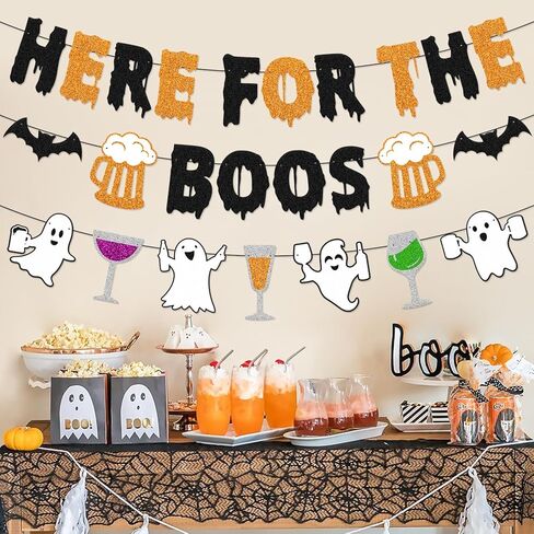 هنا من أجل لافتة Boos ديكورات حفلات الهالوين، خفافيش شبح الهالوين، موضوع مخيف، ديكور منزل مسكون، لامع أسود برتقالي، مستلزمات حفلات الهالوين الرعب in Kuwait