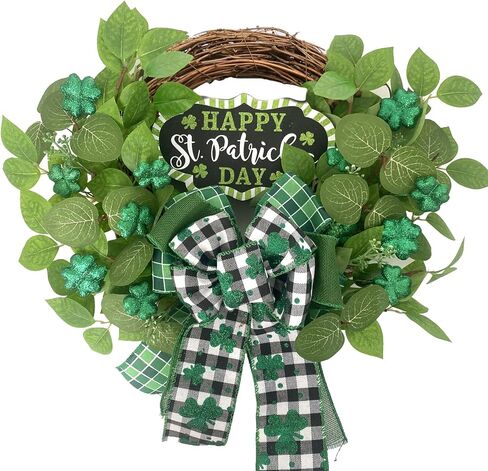 Idyllic 18 Inch ST Patrick’s Day White Roses and Green Leaves Wreath, ST Patricks Day Green Glitter Shamrock Clover Wreath for Front Door, Spring Flower Wreath for Inside and Outside in Saudi Arabia