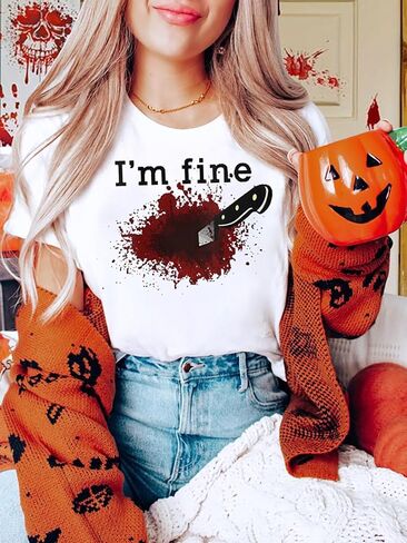 I'm Fine Bloody Shirt Halloween Horror Blood Tshirts Funny Blood Bloodstained Splatter Halloween Costume in Saudi Arabia