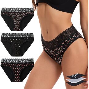 INNERSY Women's Cotton Lace Period Underwear Postpartum Hipster Panties Menstrual Bikini Briefs 3 Pack