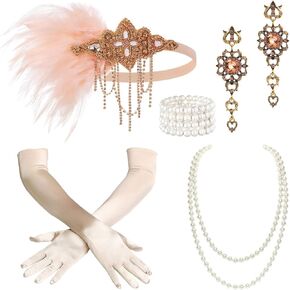 BABEYOND 1920s Accessories for Women - Flapper Feather Headband Headpiece for Women Pearl Bracelet Necklace Gloves Black Gold