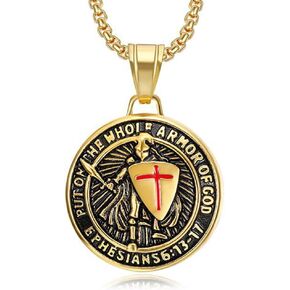 Armor of God Cross Pendant Necklace, Shield of Faith, Ephesians 6:16-17, Religious Amulet, Stainless Steel 24" Chain