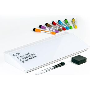 Glassboard Studio Glass Dry Erase Doodle Tray for Desktop Office Supply Storage - Marker and Eraser Included (8 Markers, White)