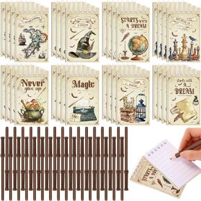 Yexiya 64 Pack Magical Wizard Notepads Set Spiral Notebooks and Wizard Wands Pencils Bulk Mini Notebooks for Magical Theme Birthday Goody Bag Filler Favors School Classroom Supplies Rewards Gift