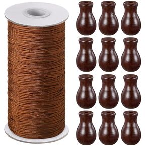 Windyun 109.36 Yards Roman Blind Cord 1.8 mm Braided Lift Shade Cord and 12 Pieces Wood Blind Pull Cord Knobs for DIY Roman Blind, Curtain Craft (Brown)