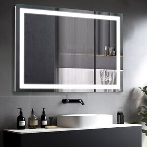 Led Bathroom Mirror with Light 48"x32" Frameless Lighted Vanity Mirror Wall Mount, Fogless, 3 Color Mode, Stepless Dimmable Front Light and Backlit, Smart Touch Sensor, Tempered Glass