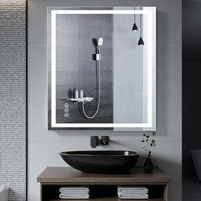 Led Bathroom Mirror with Light 28"x32" Frameless Lighted Vanity Mirror Wall Mount, Fogless, 3 Color Mode, Stepless Dimmable Front Light and Backlit, Smart Touch Sensor, Tempered Glass