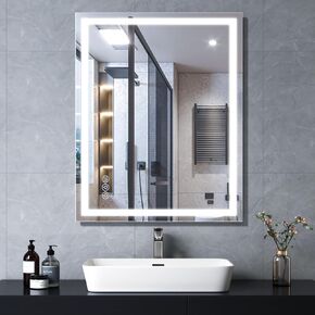 Led Bathroom Mirror with Light 24"x30" Frameless Lighted Vanity Mirror Wall Mount, Fogless, 3 Color Mode, Stepless Dimmable Front Light and Backlit, Smart Touch Sensor, Tempered Glass