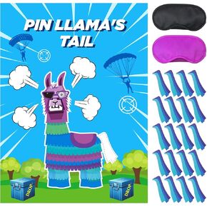 Video Game Party Decorations,Pin the Tails on Llama, Large Poster with 28PCS Tails Stickers for Pinata Party Games, Gamer's Birthday Theme Party Supplies, dmsj-2024-0515