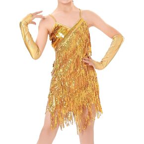 IDOPIP Kids Girls 1920s Flapper Dress Vintage Sequins Fringe Latin Dance Dress Gatsby Halloween Party Dress up with Gloves