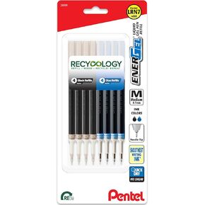 Pentel Energel 0.7 Refills - Needle Tip - Medium Point - Pack of 4 Black and 4 Blue (8 Total) - Model: LRN7