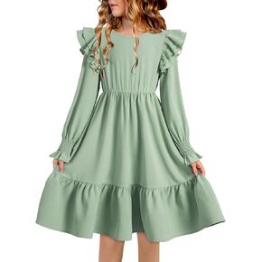 blibean Teen Girls Dress Kids Double Ruffle Long Sleeve Smocked Dresses Size 6-15 Years in Kuwait