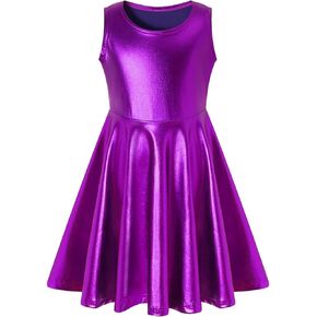 Girls Metallic Dress Kids Sparkly Shiny Dresses Twirl Swing Dresses