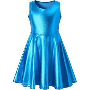 Girls Metallic Dress Kids Sparkly Shiny Dresses Twirl Swing Dresses