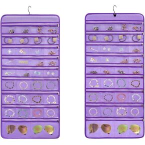 Travel Jewelry Organizer Dual Sided Hanging Earring Holder Bracelet Storage Rolls Rings Display Case with 68 Zippered Pockets (GREY)