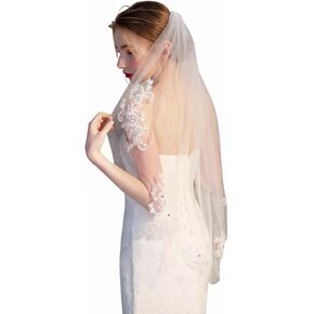 1 Tier Lace Appliques Bridal Veil Crystal Beaded Tulle Wedding Veils with Comb