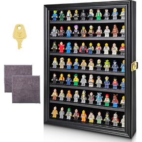 Minifigure Display Case - Collectible Toy Minifigure, Action Figure Display Cabinet - Wall Mount Lockable Showcase - Includes Foot Supports and Microfiber Cloths - Black