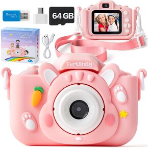 Upgraded Kids Camera Toys - Kids Digital Camera with Soft Rabbit Silicone Cover, 1080P HD Selfie Video Camera for Boys Girls Toddlers, with 64G SD Card, 3Hrs of Ultra-Long Battery Life