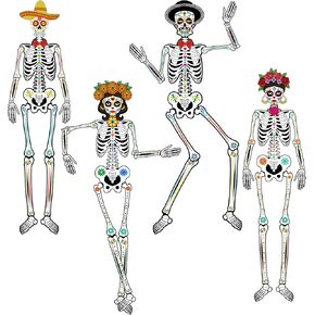 Fjoron 4 PCS Large Day of the Dead Jointed Skeletons Hanging Decorations Vintage Halloween Skeleton Decor for Day of the Dead Halloween Wall Window Door Hanging Decor