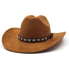 قبعة رعاة البقر الغربية من جلد الغزال للنساء والرجال بحافة واسعة قبعة رعاة البقر الكلاسيكية مع حزام مشبك قبعة فيدورا in Kuwait