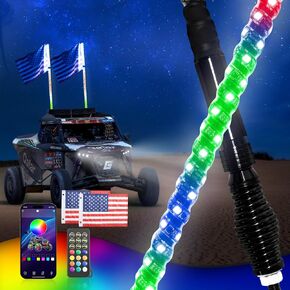 Whip Lights, 2pcs 3FT RGB LED Light Whips for UTV ATV with App & Remote Control - Waterproof LED Lighted Whip Antenna Pole Stick for RZR Can-Am Polaris SxS 4x4 Quad Dune Buggy