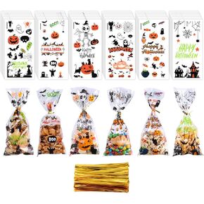 TOEKSIX Halloween Cellophane Treat Bags, 180pcs Halloween Trick or Treat Goodie Gags with 200pcs Gold Twists for Snacks Cookies Candies Packing, Skeleton Man Halloween Candy Bags Party Favor Supplies