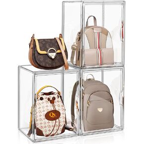 4 Packs Clear Handbag Storage Organizer for Closet, Acrylic Display Case for Purse Handbag, Stackable Purse Organizer Storage Box with Magnetic Door for Wallet Book Toys Collectibles