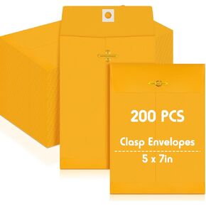 Geyee 200 Pcs 5 x 7" Clasp Manilla Envelopes Gummed Clasp Closure 28 lb Kraft Paper Envelopes for Storing or Mailing Home Business Office(Yellow)