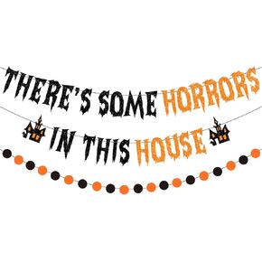 There's Some Horrors In This House Banner Halloween Party Decorations Glittery Halloween Garland Banner with Haunted House Signs Halloween Circle Dots Banner for Haunted Houses Home Decorations