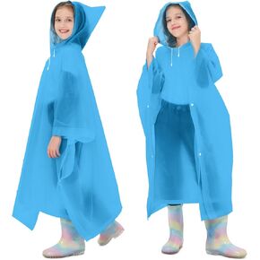2 Pack Kids Rain Ponchos Reusable EVA Ponchos with Drawstring Hood, Waterproof Jacket for Boys and Girls