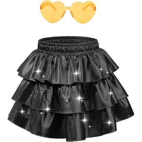 Century Star Girls' Sparkle Metallic Skirts Girls Layers Ruffle Sequin Skirt Tutu with Sunglasses for Kids Outfit for Girls