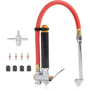 NEIKO 20701A Tire Inflator | 12 Inch | Flexible Air Tire Pressure Gauge | 20 – 120 PSI | 1/4" NPT Offset Dual Head Chuck | Tire Filler with Hose | Aluminum Body and Brass Valves | Stem Valve Caps