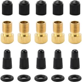 Presta Valve Adaptor, [Pack of 5 + 10 Caps] Brass Schrader to Presta Valve Adapter for Bikes,Motocycle and Cars