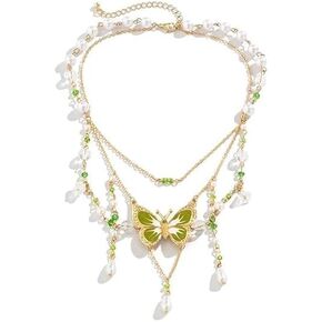 Fairy Necklace For Women, Butterfly Pearl Pendant Necklace Layered Choker Dainty Beaded Necklace Green Statement Necklace Thanksgiving Birthday Anniversary Jewelry Gift